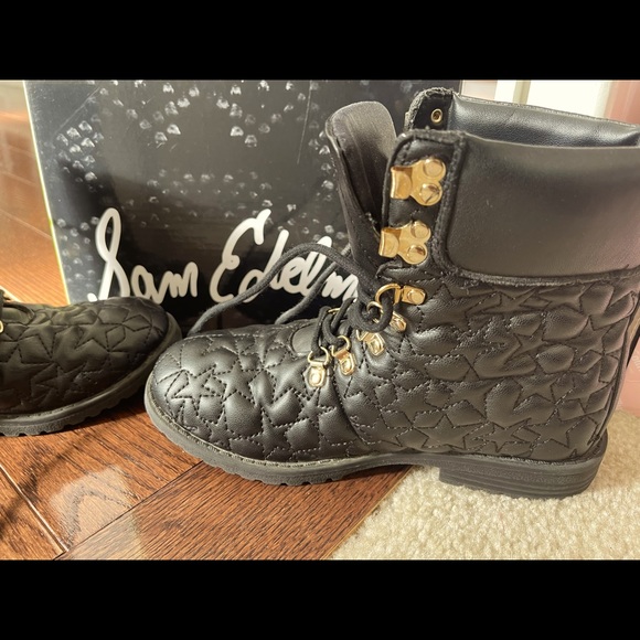 Black and gold accent Sam Edelman perforated combat boots for little princess. - Picture 1 of 11